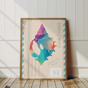 Cartão-postal colorido de concha | Arte de parede costeira vintage | Impressão de concha do mar da moda | Banheiro de berçário náutico | Decoração de quarto infantil