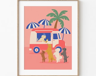 Dogs at Ice Cream Truck | Playful Coral Pink Retro Art | Tropical Coastal Kids Room Decor | Dog Lover Gift | Ready To Frame Print