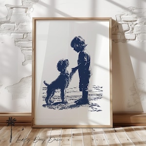 Beach Golden Doodle Shaking Hands With Boy | Vintage Coastal Home Print | Nursery Room Wall Art | Cute Summer Print | Navy Blue Sketch