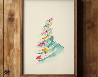 May include: Watercolour painting of a group of surfers riding a wave. The surfers are all wearing different coloured swimsuits and are riding on colourful surfboards. The wave is a light blue colour and has a white crest.