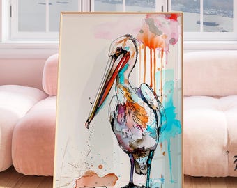 Retro Pelican Print | Coastal Watercolor Print | Colorful Pelican Wall Art | Trendy Wall Art | Simplistic Sea Life Painting | Beach House