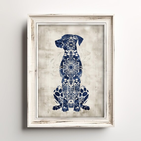 Decorative Floral Dog | Delightful Floral Dog Art | Simplistic Boho Art | Home Room Wall Decor | Minimalist Blue Sketch Print