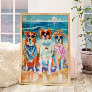 Happy Beach Dogs | Brown Coastal Mutts | Dogs In Hats | Canine Heaven | Beach Dog Lover Art | Oil Painting Print | Island Dog Life