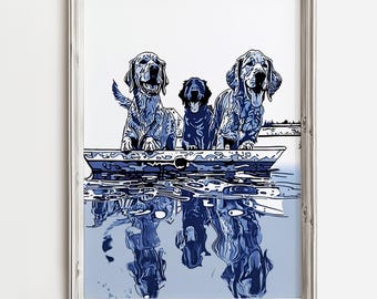 Happy Dogs Ready To Swim - Summertime Dog Sketch Art Print - Coastal Cottage Water Decor - Lake Dock Water Pups Decor - Dog Lovers Print