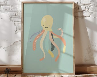 May include: A colorful illustration of an octopus with a light blue background. The octopus has a yellow body with pink, purple, and orange tentacles.