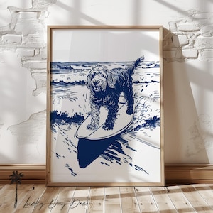 Happy Beach Doodle Surfing Waves - Vintage Coastal Home Print - Doodle Dog Ocean Wave Room Wall Art Adorable Fun Dog Lover Navy Blue Sketch