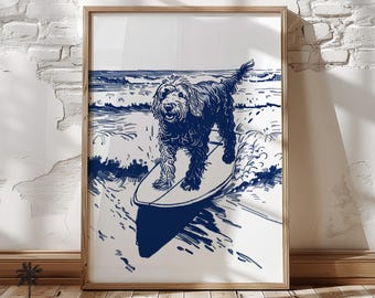 May include: A blue and white illustration of a dog surfing on a wave. The dog is a black and white doodle with a happy expression. The background is a blue ocean with white waves.