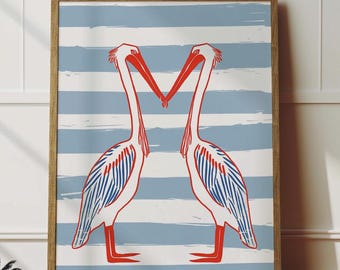 Happy Two Pelicans On Coastal Blue | Simple Sea Life Art | Fun Ocean Print Wall Art | Trendy Bathroom Nursery Print | Coastal Beach House