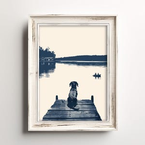 Doxie Dog Dockside | Happy Dachshund Lake Dog | Cute Summertime Decor | Blue Sketch Print | Lake House Cottage Art | Weiner Sausage Dog Mom