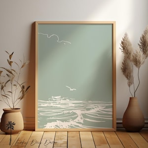 Beach Day Sketch Ocean Waves - Simplistic Beach Life - Nursery Children&#39;s Room - Green Abstract Cottage Print - Kids Room Wall Decor Art