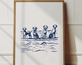 May include: A framed print featuring a navy blue illustration of four dogs. The dogs are depicted in a row, with a stylized ocean scene below. The artwork is set in a natural wood frame, suitable for home decor.