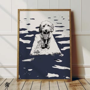 Golden Doodle Lake Float | Fun Coastal Dog Art | Summertime Beach Cottage Decor | Cute Waterdogs | Dog Lover Wall Art | Blue Sketch Print
