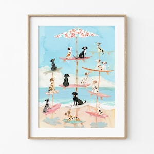 Whimsical Umbrella Surfboard Dogs | Fanciful Dog Lover Art | Fun Whimsical Painting | Coastal Beach Waterdogs | Colorful Pastel Watercolor