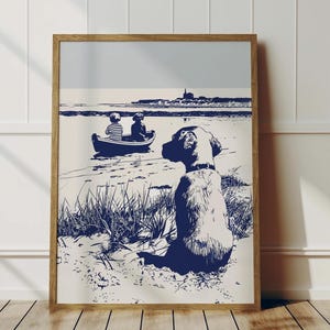 Coastal Dog Nursery Wall Art | Puppy Waits For Boys | Adorable Puppy Artwork | Vintage Beach Day | Boys Room Print | Simple Navy Blue Sketch