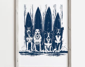 Può includere: Stampa incorniciata con quattro cani con tavole da surf nell'oceano. I cani sono bianchi e neri, e le tavole da surf e l'acqua sono blu navy. La stampa ha uno sfondo bianco e una cornice in legno grigio.