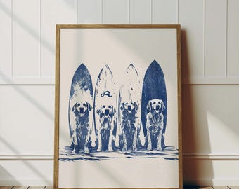 Golden Retrievers Surfs Up With Surfboards - Coastal Dog Sketch-  Surfs Up Hang Ten Dog Wall Art Adorable Fun Dog Home Lovers Blue Sketch