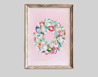 Decorative Oyster Wreath Print | Pastel Retro Christmas Painting | Pink Winter Holiday Wall Art | Festive Coastal Christmas Art | Oyster Art
