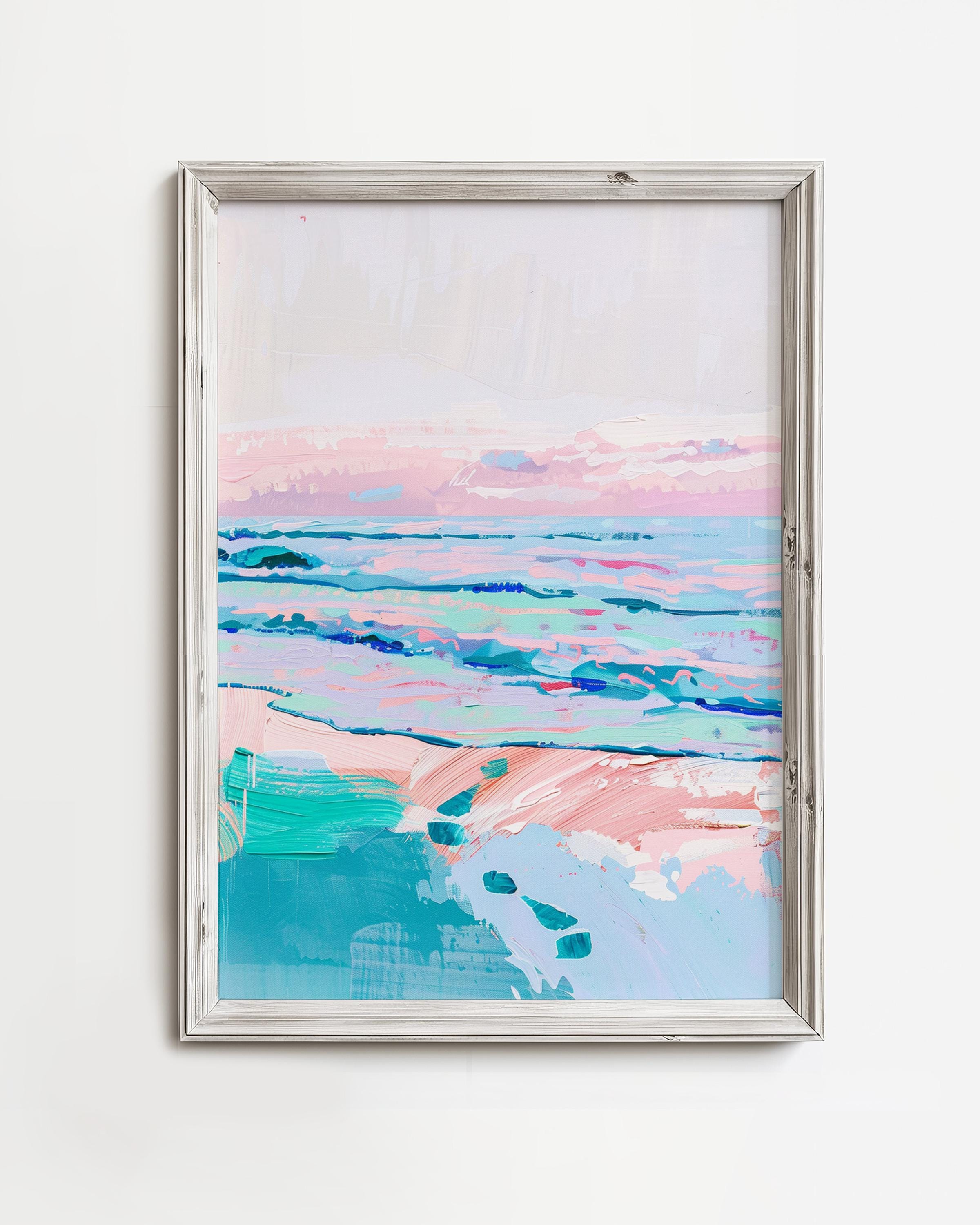 海の夕日の絵画 | カラフルなパステル画 | ピンク ブルーの海岸の