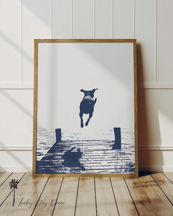 Happy Pit Bull Jumps Fun Lake Dog Art Cute Waterdog Dock Print