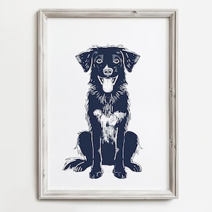 Smiling Mutt Sketch | Happy Coastal Dog Print | Simplistic Dog Lover Art | Summertime Beach Cottage Decor | Home Wall Art | Blue Sketch