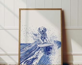 Golden Retriever Surfing Happy Dog Riding Sketch Coastal Home