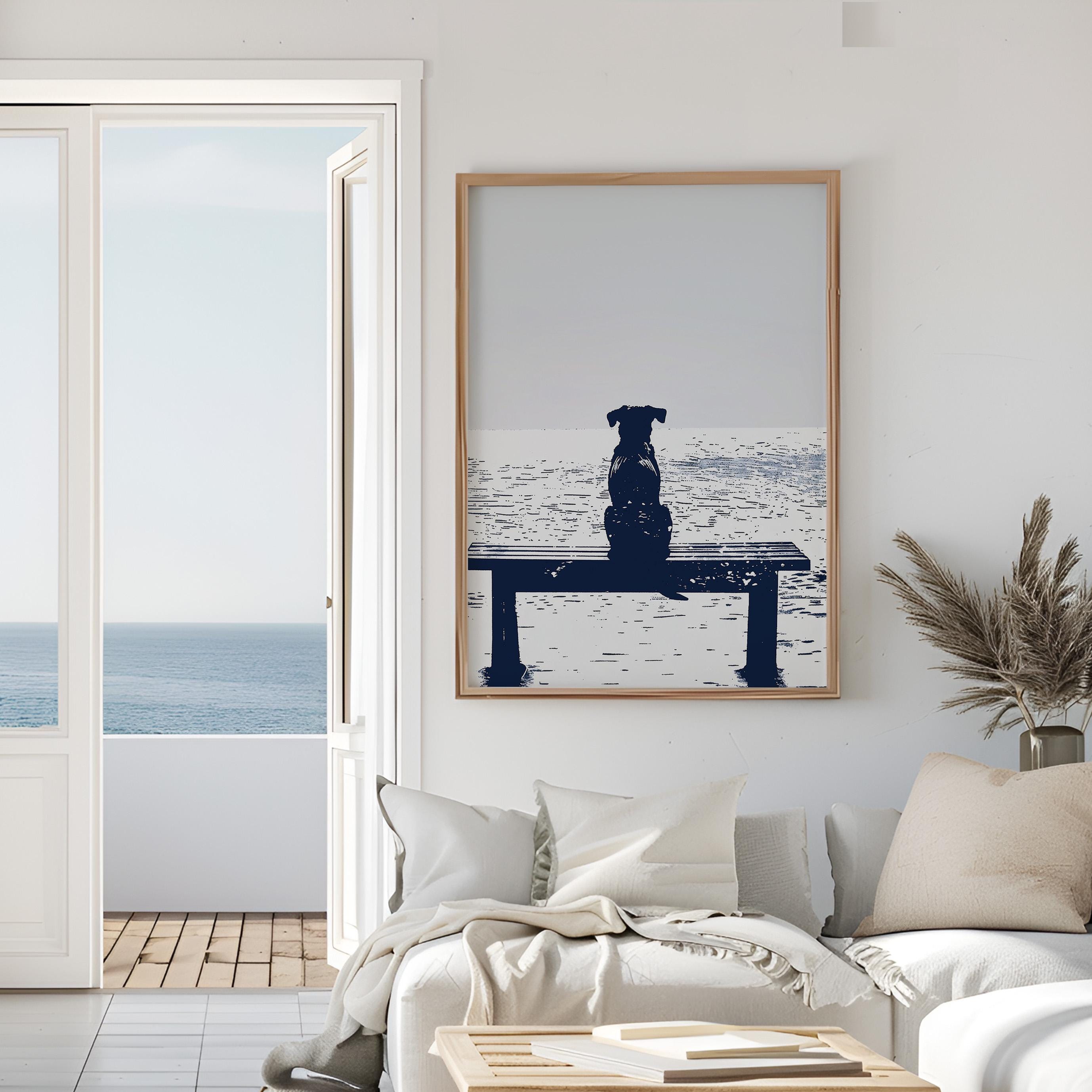 Beach Bench Dog Watch | Happy Peaceful Ocean Dog Art Print