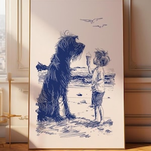 a picture of a child and a dog in a room