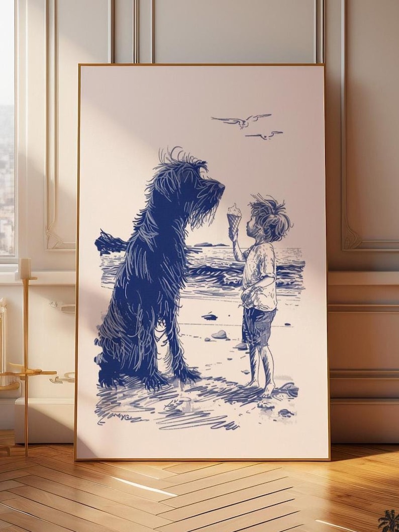 a picture of a child and a dog in a room