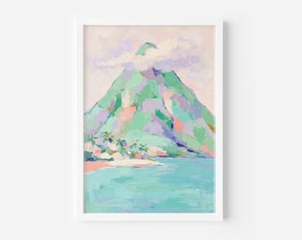 Coastal Pastel Tropical Mountain Peak | Colorful Impressionist Painting | Pink Turquoise Seaside Art | Tropic Beach Home Decor