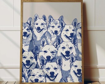 May include: A framed print of a group of dogs with blue and white coloring. The dogs are all looking at the viewer with their mouths open in a smiling expression. The background is a light beige color.