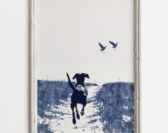 Happy Beach Dog Chases | Summer Lake Dog Art | Cute Waterdog Print | Home Wall Decor For Dog Lovers | Blue Color Sketch | Beach Cottage