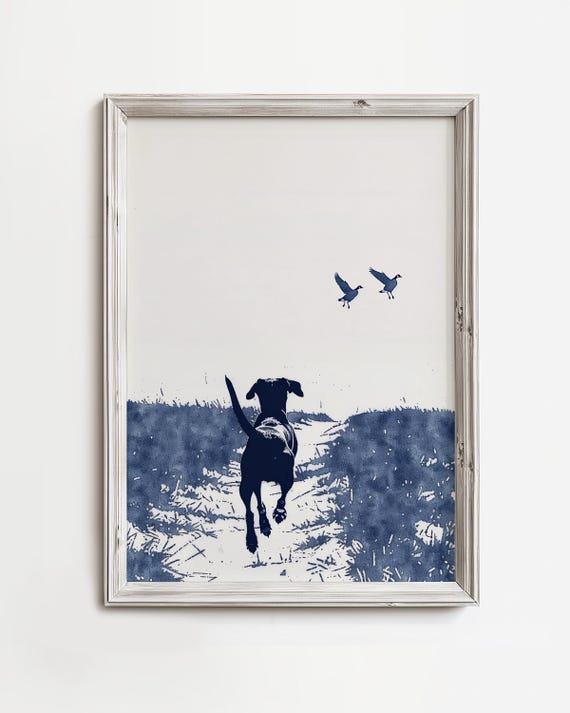 Happy Beach Dog Chases | Summer Lake Dog Art | Cute Waterdog Print | Home Wall Decor For Dog Lovers | Blue Color Sketch | Beach Cottage