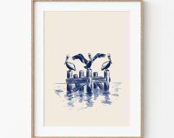 Pelicans On Pilings | Island Life Home Decor | Vintage Navy Ink Drawing | Coastal Wall Art | Tropical Ocean Lover | Beach House Condo