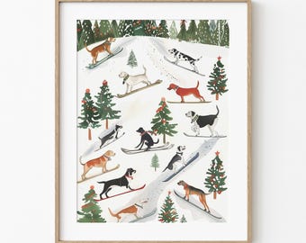 May include: A framed print featuring a whimsical illustration of various dog breeds skiing down a snowy hill. The dogs, in shades of brown, black, and white, are depicted with skis, surrounded by green Christmas trees and a snowy landscape.