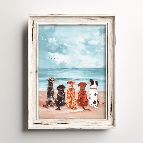丸型キャンバス アクリル画 犬と眺める海 絵画 風景画 犬の絵 海の絵