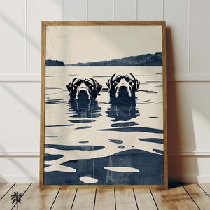 Water Dog Life | Swimming Wet Dogs | Sandbar Pooches | Happy Lake Pup Art | Cottage Wall Decor For Canine Lovers | Blue Sketch Print