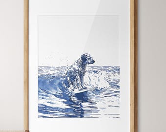 May include: A blue and white illustration of a dog surfing on a wave. The dog is sitting on a surfboard and is looking to the right. The wave is crashing behind the dog.