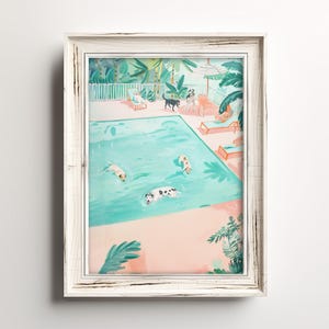 Vacation Dogs Painting | Whimsical Swimming Pool Dogs | Colorful Watercolor Pastel Painting | Fun Summer Canine Art | Dog Lovers Home Print