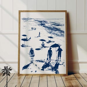 Strandbrise | Küsten Sommer Druck | Sommer Strand Tag | Zu Fuß am Strand Trendige Cottage Wohnung Strandhaus | Marineblaue Skizze