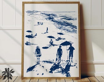 Beach Breeze | Coastal Summer Print | Summer Beach Day | Walking Along The Beach  Trendy Cottage Apartment Beach House | Navy Blue Sketch