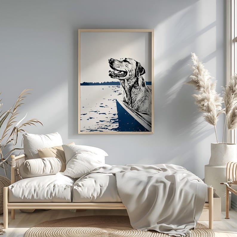 May include: A framed print of a black and white illustration of a dog in a boat on a lake. The dog is looking to the right and has its mouth open. The lake is blue and the boat is blue and white.