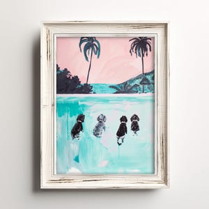 Doodle Dog Paradise | Retro Pastel Dogs Print | Whimsical Colorful Pink & Blue Painting | Fun Summer Canine Art | Wall Decor For Dog Lovers