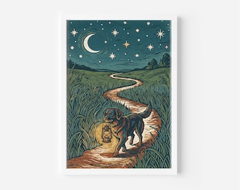 Dog With Lantern On Night Path | Teal Moonlit Linocut Print Art | Cottage Forest Decor | Dog Lover Gift | Ready To Frame Print