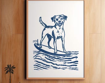 May include: A blue and white illustration of a dog surfing on a wave. The dog is smiling and has a surfboard under its paws. The waves are stylized and the background is white.