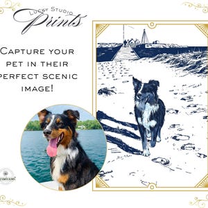 May include: An artistic print featuring a black and white dog illustration on a beach, with a color photo of a dog in a lake. Text reads "Capture your pet in their perfect scenic image!" and "Lucky Studio Prints".