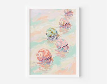 Coastal Pastel Hermit Crab Parade | Colorful Impressionist Painting | Pink Turquoise Seaside Art | Tropic Beach Home Decor