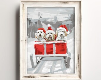 May include: A framed print depicts three dogs in a red wagon, each wearing a Santa hat. The dogs have white and tan fur. The wagon is red and white, set against a snowy, gray background. The frame is white.