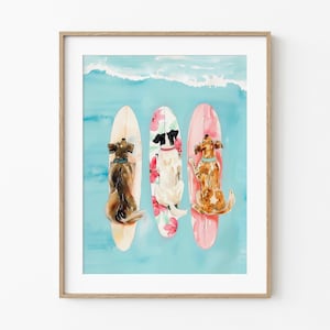 Surfing Coastal Dogs | Fanciful Ocean Dog Lover Art | Fun Whimsical Painting | Coastal Beach Waterdogs Print | Colorful Pastel Watercolor