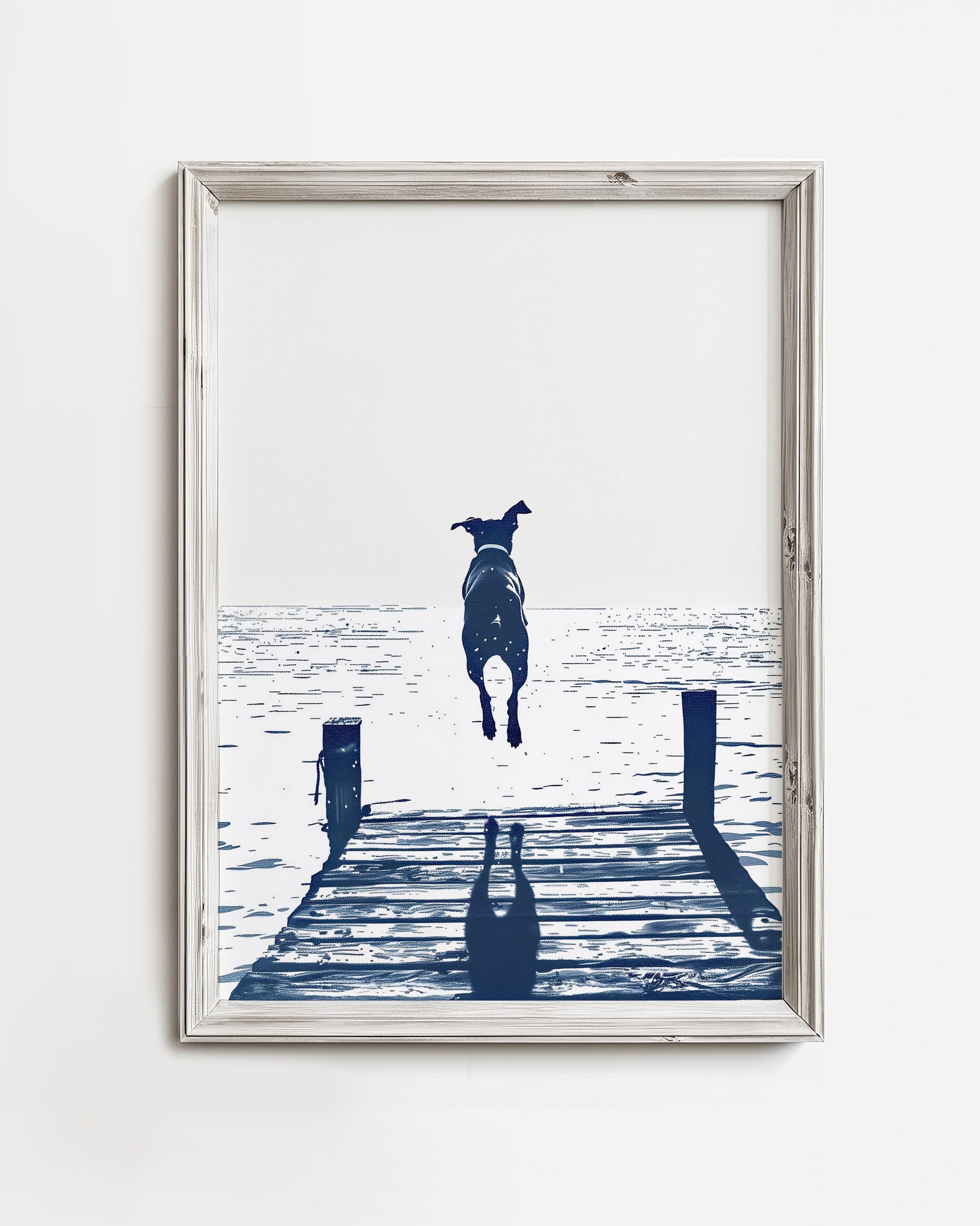 Happy Doberman Jumps Off Dock | Lake Dog Decor | Summer Lake Home Print | Water Dog Sketch Art | Rustic Coastal Cottage | Doberman Dog Lover