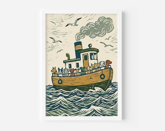 Dog Crew On Tugboat At Sea | Vintage Linocut Block Print Art | Nautical Beach House Decor | Dog Lover Gift | Ready To Frame Print